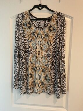 Chicos Long Sleeve Animal Print Top with Baroque Accent - Black & Cream XL